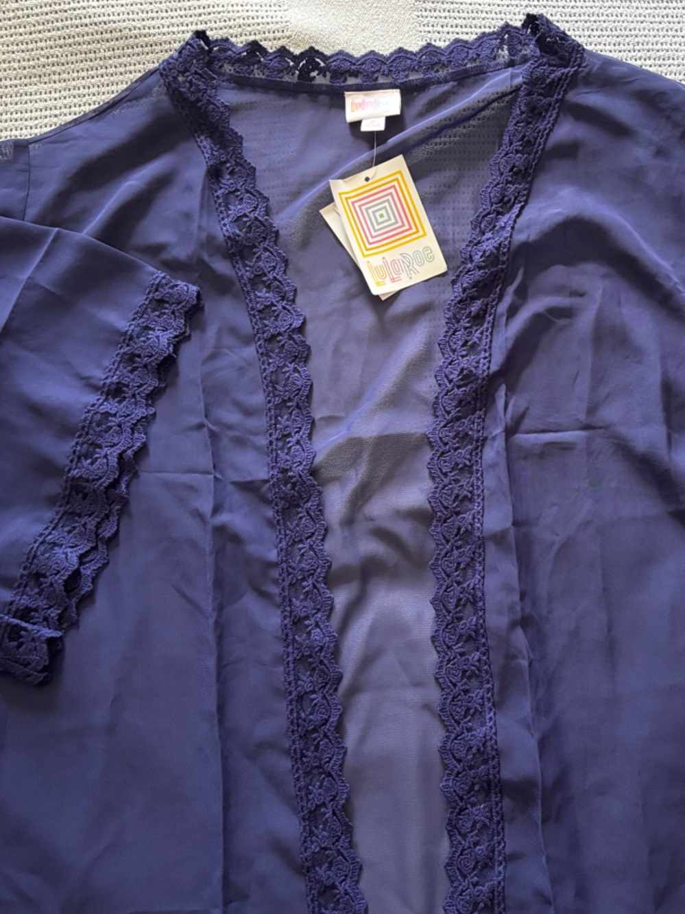 LuLaRoe Deep Navy Lace-Trim Sheer Kimono Robe